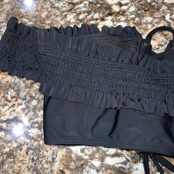 Xhilaration black bralette swim top size small ruffle sleeve lace up front - Picture 6 of 8